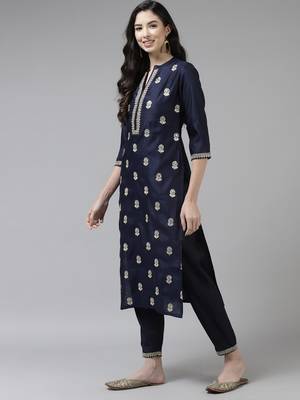 Indo Era Navy Blue Embroidered Straight Kurta Trouser With Dupatta Set 3