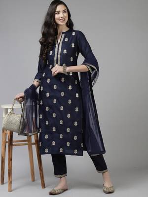 Indo Era Navy Blue Embroidered Straight Kurta Trouser With Dupatta Set 4