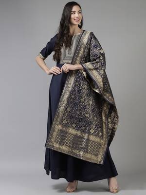 Indo Era Navy Blue Embroidered A-line Kurta Trouser With Dupatta Set 1