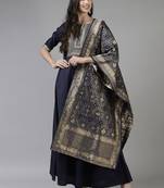 Indo Era Navy Blue Embroidered A-line Kurta Trouser With Dupatta Set