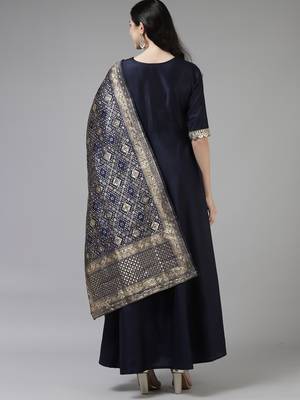 Indo Era Navy Blue Embroidered A-line Kurta Trouser With Dupatta Set 2