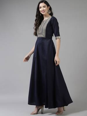 Indo Era Navy Blue Embroidered A-line Kurta Trouser With Dupatta Set 3