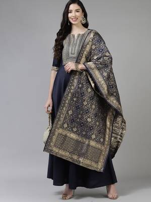Indo Era Navy Blue Embroidered A-line Kurta Trouser With Dupatta Set 4