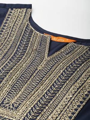 Indo Era Navy Blue Embroidered A-line Kurta Trouser With Dupatta Set 5