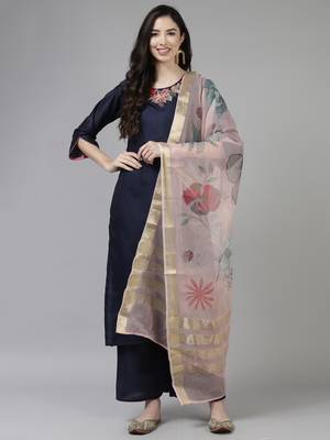 Indo Era Navy Blue Embroidered Straight Kurta Palazzo With Dupatta Set 1