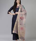 Indo Era Navy Blue Embroidered Straight Kurta Palazzo With Dupatta Set