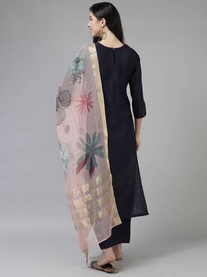 Indo Era Navy Blue Embroidered Straight Kurta Palazzo With Dupatta Set 2