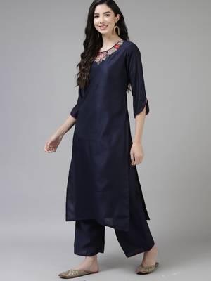 Indo Era Navy Blue Embroidered Straight Kurta Palazzo With Dupatta Set 3