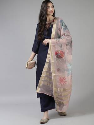 Indo Era Navy Blue Embroidered Straight Kurta Palazzo With Dupatta Set 4