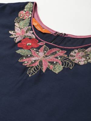 Indo Era Navy Blue Embroidered Straight Kurta Palazzo With Dupatta Set 5