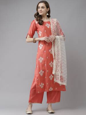 Indo Era Pink Embroidered Straight Kurta Palazzo With Dupatta Set 1
