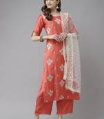 Indo Era Pink Embroidered Straight Kurta Palazzo With Dupatta Set