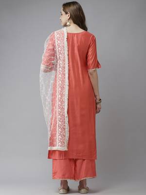 Indo Era Pink Embroidered Straight Kurta Palazzo With Dupatta Set 2