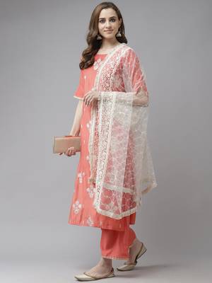 Indo Era Pink Embroidered Straight Kurta Palazzo With Dupatta Set 4