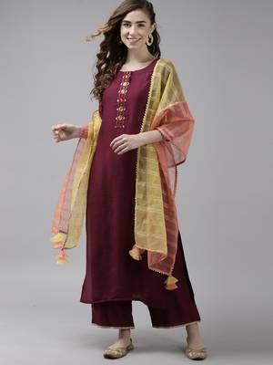 Indo Era Purple Embroidered Straight Kurta Palazzo With Dupatta Set 1
