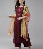 Indo Era Purple Embroidered Straight Kurta Palazzo With Dupatta Set