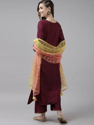Indo Era Purple Embroidered Straight Kurta Palazzo With Dupatta Set 2