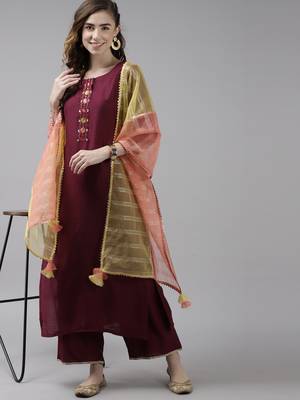 Indo Era Purple Embroidered Straight Kurta Palazzo With Dupatta Set 4