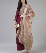 Indo Era Purple Embroidered Straight Kurta Trouser With Dupatta Set