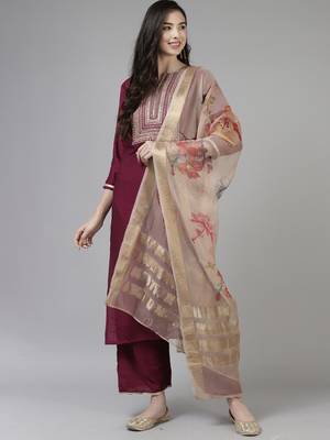 Indo Era Purple Embroidered Straight Kurta Trouser With Dupatta Set 4