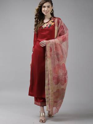 Indo Era Red Embroidered Straight Kurta Palazzo with Dupatta Set 1