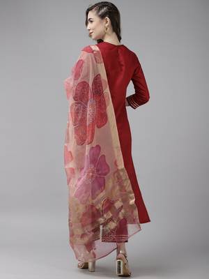 Indo Era Red Embroidered Straight Kurta Palazzo with Dupatta Set 2