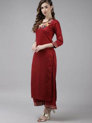Indo Era Red Embroidered Straight Kurta Palazzo with Dupatta Set 3