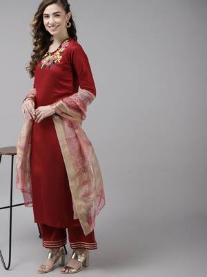 Indo Era Red Embroidered Straight Kurta Palazzo with Dupatta Set 4