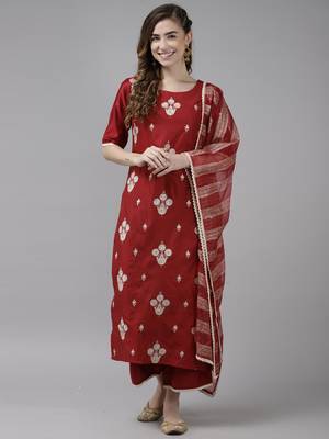 Indo Era Red Embroidered Straight Kurta Palazzo With Dupatta Set 1
