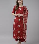 Indo Era Red Embroidered Straight Kurta Palazzo With Dupatta Set