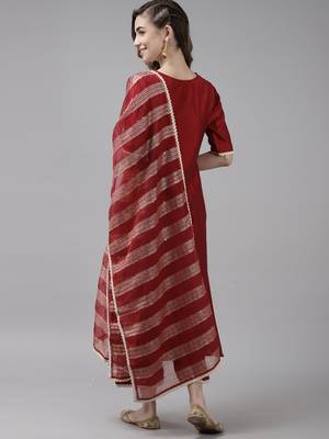 Indo Era Red Embroidered Straight Kurta Palazzo With Dupatta Set 2