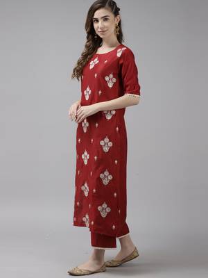 Indo Era Red Embroidered Straight Kurta Palazzo With Dupatta Set 3