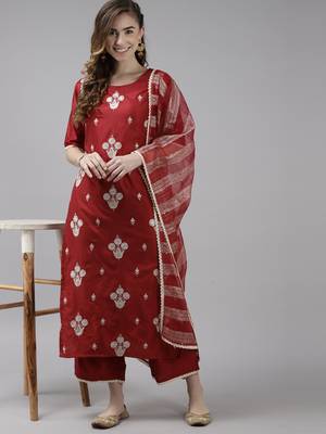 Indo Era Red Embroidered Straight Kurta Palazzo With Dupatta Set 4