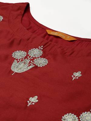 Indo Era Red Embroidered Straight Kurta Palazzo With Dupatta Set 5