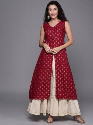EthnoVogue Made To Measure Maroon Foil Printed Rayon A Line Kurti 1