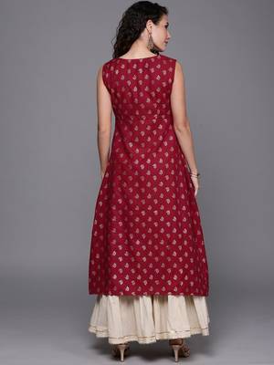 EthnoVogue Made To Measure Maroon Foil Printed Rayon A Line Kurti 2