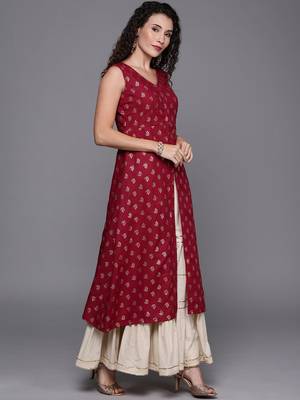 EthnoVogue Made To Measure Maroon Foil Printed Rayon A Line Kurti 4