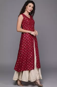 EthnoVogue Made To Measure Maroon Foil Printed Rayon A Line Kurti