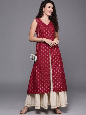 EthnoVogue Made To Measure Maroon Foil Printed Rayon A Line Kurti 5