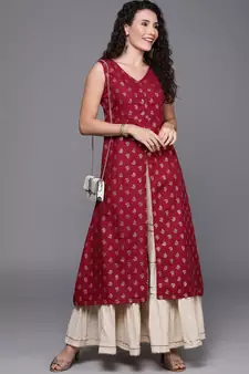 EthnoVogue Made To Measure Maroon Foil Printed Rayon A Line Kurti