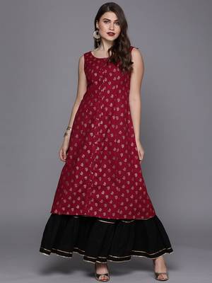 EthnoVogue Made To Measure Magenta Foil Print Princess Cut Kurti 1
