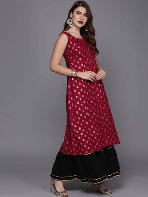 EthnoVogue Made To Measure Magenta Foil Print Princess Cut Kurti 4