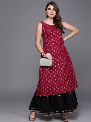 EthnoVogue Made To Measure Magenta Foil Print Princess Cut Kurti 5