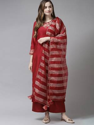 Indo Era Red Embroidered Straight Kurta Palazzo With Dupatta Set 1