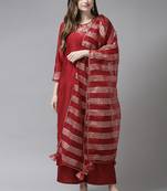 Indo Era Red Embroidered Straight Kurta Palazzo With Dupatta Set