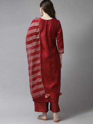 Indo Era Red Embroidered Straight Kurta Palazzo With Dupatta Set 2
