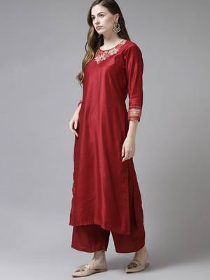 Indo Era Red Embroidered Straight Kurta Palazzo With Dupatta Set 3