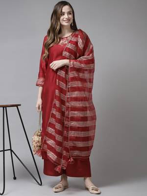 Indo Era Red Embroidered Straight Kurta Palazzo With Dupatta Set 4