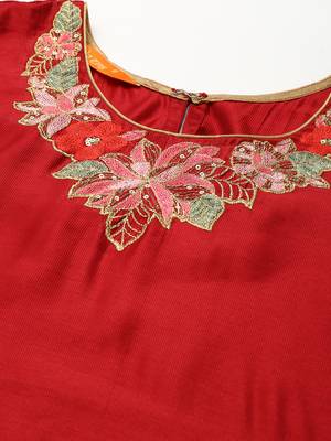 Indo Era Red Embroidered Straight Kurta Palazzo With Dupatta Set 5