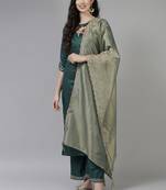 Indo Era Teal Embroidered Straight Kurta Palazzo with Dupatta Set
